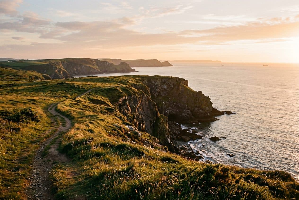 A grassy clifftop footpath following a rugged British coastline, cliffs dropping to a calm sea in low evening sun.