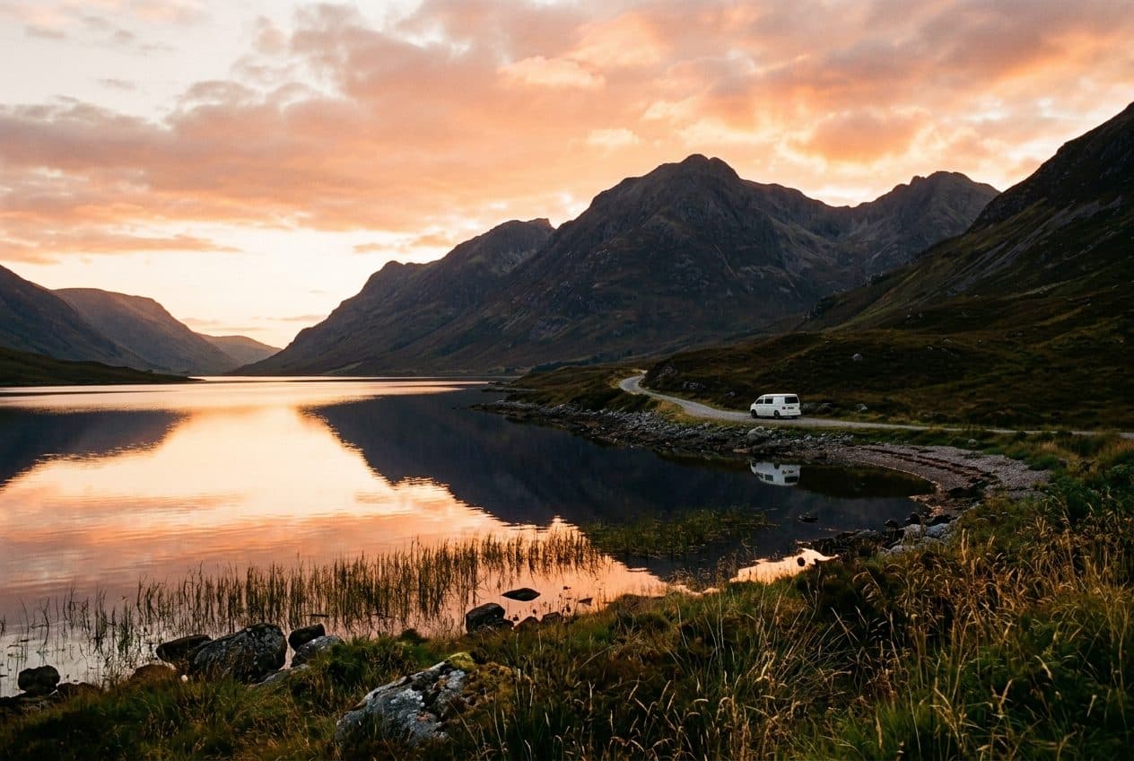 A Highland loch at sunset, still water reflecting an orange sky, with a campervan parked in a gravel lay-by along the far shore.