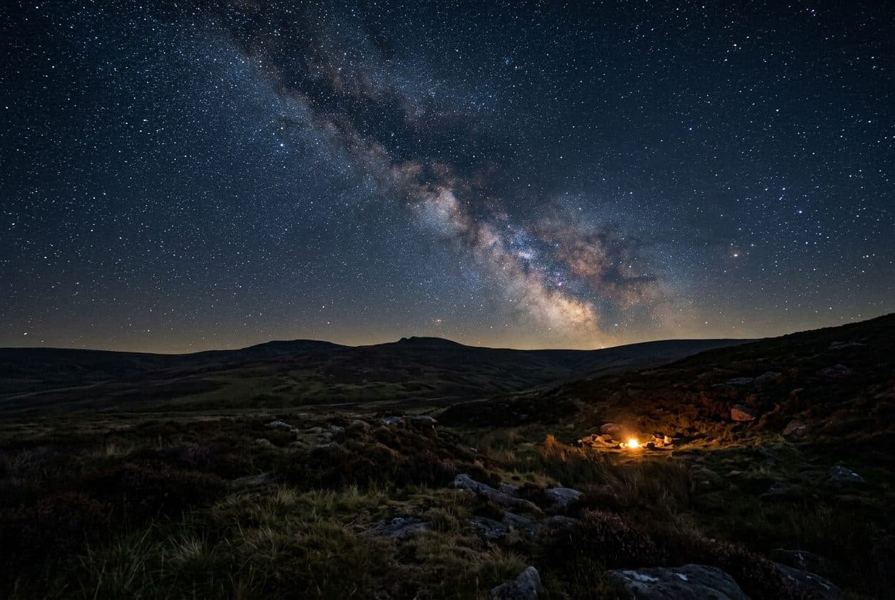 The Milky Way arcing over dark moorland hills, with a small campfire glowing in the middle distance.