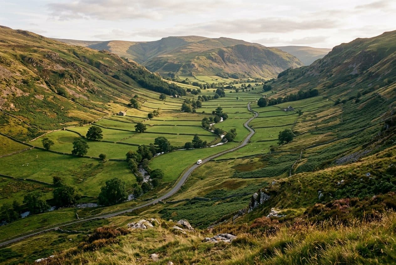 A green valley of drystone-walled fields seen from above, a single-track road winding along the valley floor beside a stream.