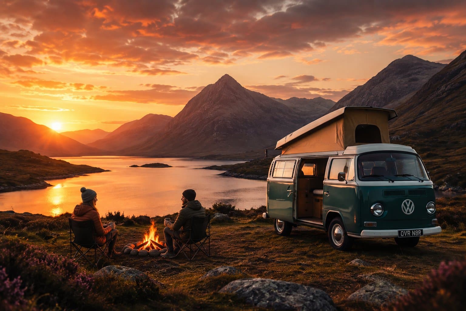 VW campervan at sunset in the Scottish Highlands